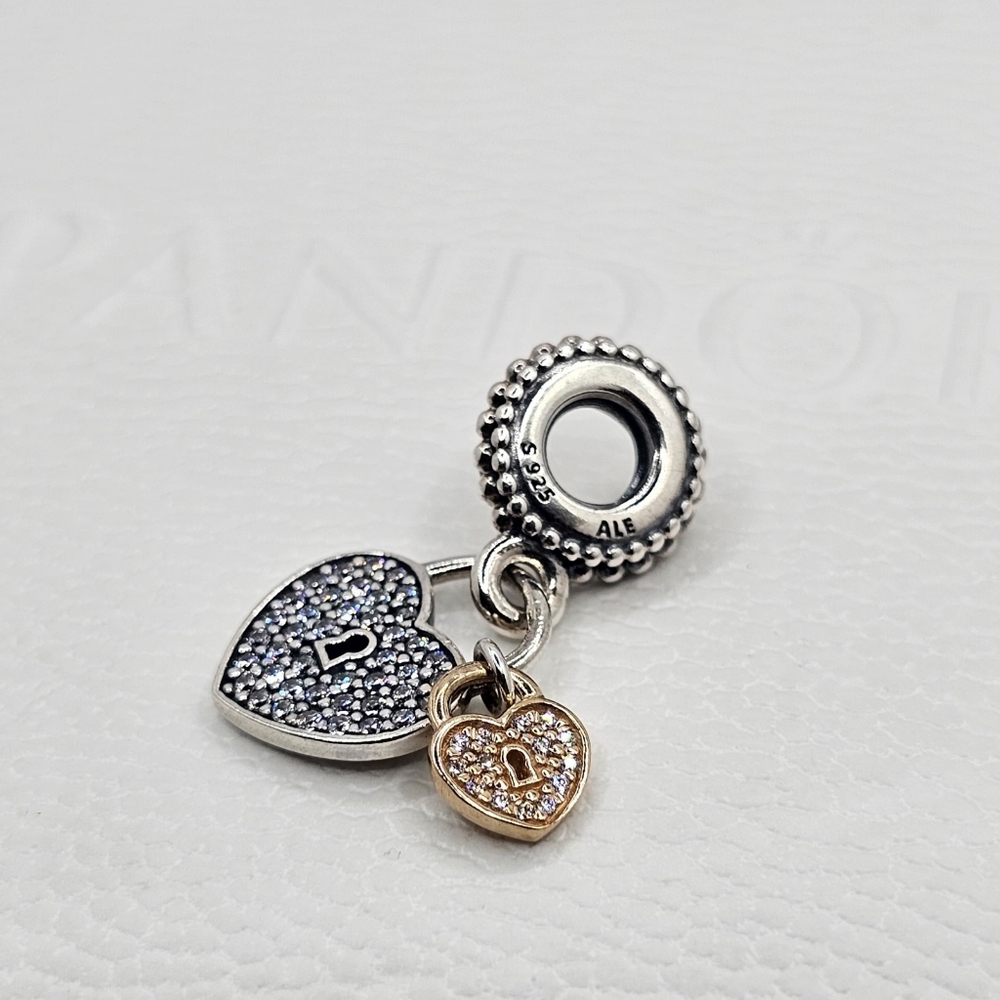 ❤️ Authentic Pandora ⭐️RETIRED⭐️ TWO TONE HEART DANGLE CHARM With 14k GOLD